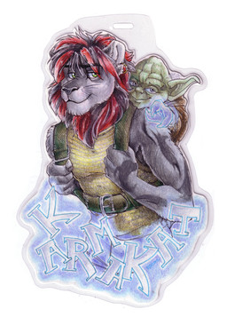 anthro backpack duo green_eyes highlights_(coloring) magic male smile cockiestspaniel star_wars karmakat yoda felid lion mammal pantherine yoda's_species 2012 character_badge_(artwork) colored_pencil_(artwork) traditional_media_(artwork)