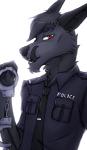 anthro clothing cuff_(restraint) handcuffs male metal_cuffs necktie officer police restraints shackles smile smirk solo tongue tongue_out uniform ikazu bat black_flying_fox flying_fox mammal megabat 2016