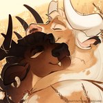 anthro antlers brown_antlers brown_body brown_fur duo fur horn hug male male/male white_body white_fur white_horn arsauron greame ahote_(arsauron) ares_(greame) bovid bovine cervine deer felid feline hybrid mammal 1:1