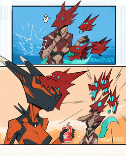 5_heads anthro ball_in_mouth beverage_can black_markings blue_background blue_eyes blue_tail bodily_fluids carrying_another claws duo eyeless eyes_closed faceless female floating_head glowing_blue_eyes humor markings mouthless multi_head orange_body question_mark red_face red_markings saliva saliva_on_face simple_background smile spikes striped_markings stripes surprised tail tan_body tongue tongue_out chickendrawsdogs digital_extremes tencent warframe valkyr_(warframe) voruna_(warframe) biomechanical canid canine canis mammal warframe_(species) wolf comic hi_res signature