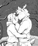 anthro antlers bridge christmas_eve clothed_male clothing duo eyes_closed eyes_closing first_kiss hand_on_face hat headgear headwear horn hug hugging_another kiss_on_lips kissing male male/male outside plant romantic snow snowing stone_bridge tail tree winter winter_clothing pandottermon deer felid hybrid mammal mephitid new_world_deer pantherine reindeer skunk tiger monochrome