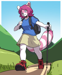 anthro backpack collar day female hiking mountain outside solo trail trekking_pole hairo_croto lilia_green ailurid mammal red_panda hi_res