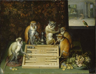 ambiguous_gender backgammon brown_body brown_fur classical_architecture coin detailed_background feral food fruit fur furniture grape grey_body grey_fur group neo-classical_architecture ornate_furniture plant playing_board_game playing_game realistic sitting table tail frans_francken_the_younger avian bird haplorhine mammal monkey primate ancient_art formal_art