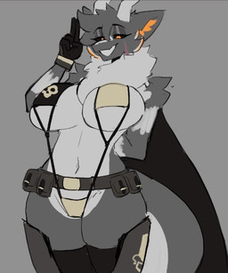 anthro armband armor belt big_breasts biped black_clothing black_nose black_sclera breasts cape clothed clothing curvy_figure female fur gesture grey_body grey_fur hair hand_behind_back hand_gesture horn huge_breasts legwear looking_at_viewer narrowed_eyes navel neck_tuft one-piece_swimsuit orange_accents orange_eyes orange_pupils pointing pointing_up pupils scar skimpy sling_bikini smile solo stockings swimwear thick_thighs thigh_highs tuft unconvincing_armor domantantrum helldivers mythology cygwin_(doenonsense) dragon mythological_creature mythological_scalie scalie