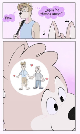 anthro barefoot blush bottomwear clothing denim denim_bottomwear denim_clothing duo ear_twitch feet footwear fur hand_holding heart_symbol holidays jeans looking_at_another looking_at_partner male male/male male_anthro muscle_shirt music musical_note musical_symbol pants sandals shoes shorts simple_background simplified smile symbol tail tan_body tan_fur text thought_bubble white_body white_fur p_rindustries valentine's_day dexter_(p_rindustries) kevin_(p_rindustries) canid canine mammal 2026 3:5 animated animated_comic comic english_text hi_res short_playtime sound video