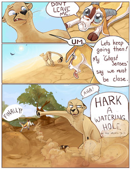 blue_eyes day detailed_background dialogue feral fur horn open_mouth outside sitting sky standing sun tan_body tan_fur teeth text tongue colonel-strawberry brian_(100_deeds) irving_(100_deeds) antelope bovid cheetah felid feline gazelle mammal 2012 comic digital_media_(artwork) english_text