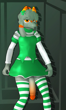 anthro armwear big_penis clothed clothing crossdressing detached_sleeves dress flaccid floppy_ears frilly fur genitals glans green_clothing green_dress green_legwear green_thigh_highs grey_body grey_fur hair holidays horn legwear male no_underwear orange_eyes orange_glans orange_horn pattern_clothing pattern_legwear pattern_thigh_highs penis shamrock solo striped_clothing striped_legwear striped_thigh_highs stripes thigh_highs tongue tongue_out conditional_dnp gusta st._patrick's_day gusta_(gusta) bovid caprine goat mammal hi_res