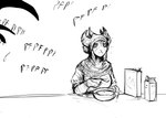 annoyed anthro blowing_raspberries bodily_fluids breakfast cereal female food humor onomatopoeia pbbt pbbth sound_effects text unimpressed hladilnik shay_(hladilnik) bovid caprine demon goat mammal 2023 hi_res monochrome sketch