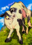 blue_eyes cloven_hooves female feral grass hooves plant solo teats udders dayohiko bovid bovine cattle holstein_friesian_cattle mammal hi_res