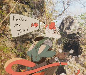 anthro armor blush clothed clothing dialogue directional_arrow female fur gloves handwear hood looking_back melee_weapon pauldron photo_background plant red_eyes rock sheathed_sword sky smile solo speech_bubble sword tail tail_wraps text tree weapon whiskers white_body white_fur wraps gompami mammal murid murine rat rodent 2026 english_text hi_res mixed_media photography_(artwork)