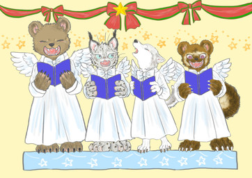 anthro blue_eyes book brown_body brown_fur choir claws clothed clothing eyes_closed feathered_wings feathers female fur grey_body grey_fur group open_mouth religion simple_background singing star wings kyokyota bear canid canine canis felid feline mammal mustelid pantherine snow_leopard ursine wolf 2019 absurd_res hi_res