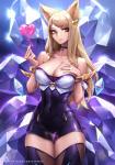 blonde_hair breasts choker cleavage clothed clothing female fur hair heart_symbol jewelry legwear necklace solo thigh_gap thigh_highs yellow_body yellow_fur oopartz league_of_legends riot_games tencent ahri_(lol) animal_humanoid canid canid_humanoid canine canine_humanoid fox_humanoid humanoid mammal mammal_humanoid hi_res