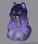 anthro breasts female fur gradient_hair grey_background hair looking_at_viewer nipples purple_eyes purple_hair purple_nipples simple_background solo text millle felid jaguar mammal pantherine 2021 absurd_res digital_media_(artwork) half-length_portrait hi_res portrait url