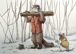 anthro biped clothing detailed_background duo humanoid_hands lumber lumberjack outside shirt size_difference topwear rayfkm gulonine mammal marten mouse murid murine mustelid musteline rodent 2023 hi_res