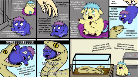 >_< abuse ambiguous_feral ambiguous_gender ambiguous_human animal_abuse blood blue_hair blue_tail bodily_fluids chemicals container crotch_breasts crying dialogue dying eyes_closed fangs female female_feral feral fur furniture green_eyes hair inside killing lifting_another light_body light_skin nipples open_mouth pained_expression pink_hair pink_tail poison purple_body purple_eyes purple_fur sitting table tail tears teeth text toony torture vore worried yellow_body yellow_fur young young_ambiguous young_feral roadkill_(fc) fluffy_pony fluffy_pony_(species) human mammal reptile scalie snake 16:9 2025 broken_english comic digital_drawing_(artwork) digital_media_(artwork) english_text hi_res widescreen