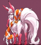 ambiguous_gender big_ears big_tail butt fluffy fluffy_tail fur looking_back nude raised_tail rear_view red_sclera shide simple_background solo tail white_body white_fur kudakitsunee 管狐 mammal taur