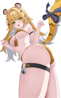 accessory aged_up animal_ears bare_legs bare_shoulders bikini blonde_hair blush breasts butt clothing female fluffy_ears furgonomics glistening glistening_hair green_eyes hair long_hair looking_down looking_down_at_partner markings medium_breasts navel open_mouth panties ribbons simple_background solo striped_hair striped_markings striped_tail stripes swimwear tail tail_accessory tail_markings tail_ribbon thigh_strap two-piece_swimsuit two_tone_tail underwear white_background white_hair yellow_bikini yellow_clothing yellow_panties yellow_swimwear yellow_underwear izumiillus mihoyo zenless_zone_zero ju_fufu animal_humanoid felid felid_humanoid humanoid mammal mammal_humanoid pantherine pantherine_humanoid thiren tiger_humanoid absurd_res hi_res