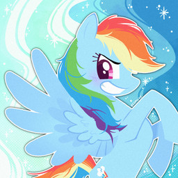 abstract_background blue_body blue_wings blush cutie_mark eyelashes feathered_wings feathers female female_feral feral grin hair multicolored_hair multicolored_tail open_mouth open_smile purple_eyes rainbow_hair rainbow_tail side_view smile solo sparkles spread_wings tail teeth wings 3ggmilky friendship_is_magic hasbro my_little_pony mythology rainbow_dash_(mlp) equid equine mammal mythological_creature mythological_equine pegasus 1:1 cel_shading digital_drawing_(artwork) digital_media_(artwork) hi_res lineless shaded