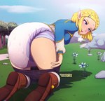 bent_over blonde_hair blue_eyes blush bottomwear bottomwear_down breath clothed clothing cloud day diaper feces female flower footwear grass hair humanoid_pointy_ears kneeling not_furry open_mouth outside pants pants_down partially_clothed plant pointy_ears pooping relieved rock sagging_diaper shoes short_hair soiled_diaper soiling soiling_diaper solo unclean_diaper used_diaper white_diaper lazyblazy breath_of_the_wild nintendo the_legend_of_zelda princess_zelda elf humanoid hylian mammal hi_res