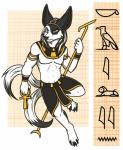 accessory ankh anthro armband big_ears black_body black_fur black_hair bottomwear bracelet claws clothing egyptian egyptian_clothing fur green_eyes hair headband hieroglyphics jewelry loincloth male multi_tail necklace papyrus_(material) plantigrade shendyt simple_background solo staff tail usekh was_scepter white_body white_fur white_hair en1gmat1c kaelyn_idow canid canine fennec_fox fox hybrid mammal marble_fox red_fox true_fox digital_media_(artwork) hi_res