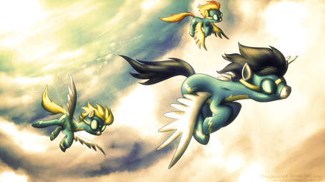 black_hair blonde_hair blue_body blue_feathers clothing cloud cutie_mark day detailed_background eyewear feathered_wings feathers female feral flying goggles group hair male orange_hair outside quadruped skinsuit sky skyscape sun tail tight_clothing wings yellow_body yellow_feathers fongsaunder friendship_is_magic hasbro my_little_pony mythology soarin_(mlp) spitfire_(mlp) wonderbolts_(mlp) equid equine mammal mythological_creature mythological_equine pegasus 16:9 2012 hi_res widescreen