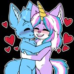 ambiguous_gender anthro blue_body blue_fur blue_hair blush chibi duo eyes_closed featureless_crotch fur hair happy horn hug lgbt_pride multicolored_hair open_mouth open_smile pink_hair pride_colors purple_body purple_fur simple_background smile standing transgender_pride_colors transparent_background white_body white_fur white_hair yellow_horn riddlr canid canine mammal alpha_channel hi_res