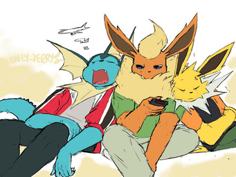 annoyed anthro clothed clothing controller fin frill_(anatomy) fully_clothed group half-closed_eyes holding_controller holding_object holding_remote_control jacket leaning_on_another male narrowed_eyes open_clothing open_jacket open_mouth open_topwear remote_control shirt sitting sleeping sleeping_on_partner sleeping_together snoring t-shirt tail tail_fin topwear trio dahecksajerry nintendo pokemon booster_(dahecksajerry) jet_(dahecksajerry) pierrot_(dahecksajerry) eeveelution flareon generation_1_pokemon jolteon pokemon_(species) vaporeon 4:3