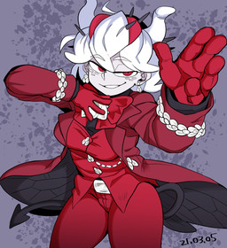 clothed clothing female gloves hair handwear horn not_furry red_eyes solo spade_tail tail white_hair nekubi helltaker beelzebub_(helltaker) demon demon_humanoid humanoid hi_res