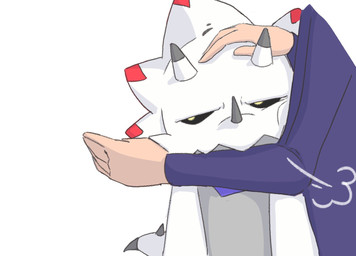 anthro black_sclera countershading duo grey_body grey_countershading half-closed_eyes headpat horn male narrowed_eyes petting sigh simple_background tail white_background white_body oko_konoko2 bandai_namco digimon digimon_(species) gammamon gulusgammamon human mammal