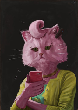 cellphone clothed clothing electronics female front_view fully_clothed fur phone pink_body pink_fur realistic realistic_anthro solo jacob_briggs bojack_horseman netflix princess_carolyn domestic_cat felid feline felis mammal 2015 absurd_res digital_media_(artwork) digital_painting_(artwork) half-length_portrait hi_res painting_(artwork) portrait
