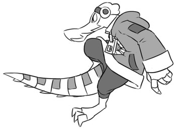 anthro beanie bottomwear clothing cybernetics electronics hat headgear headphones headwear hoodie machine male metal_tail prosthetic shorts simple_background solo topwear white_background zipper flookz lethal_league latch crocodile crocodilian cyborg reptile scalie 2015 monochrome