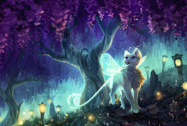ambiguous_gender antennae_(anatomy) detailed_background feral flower forest front_view fur insect_wings lamp lantern looking_back mane nature open_mouth outside plant purple_eyes solo spread_wings standing tail tail_tuft tan_body tan_fur tongue tree tuft wings clockbirds chimera felid mammal 2017 blue_theme digital_media_(artwork)