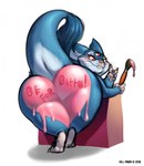 3_eyes big_butt big_tail blue_body blue_fur brush buckteeth butt butt_focus butt_heart claws countershading female fur gesture hand_gesture heart_symbol holding_ink_brush holding_object holidays huge_butt huge_thighs leaning leaning_forward looking_at_viewer looking_back multi_eye paint paintbrush pink_nose presenting presenting_hindquarters raised_tail rear_view red_eyes simple_background smile solo tail teeth text thick_thighs v_sign whiskers white_background wide_hips yellow_sclera gillpanda valentine's_day battu alien mammal rodent 2018 hi_res signature