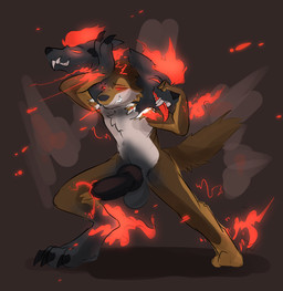 3_heads anthro anthro_to_feral corruption duo fangs fire fur genitals growth male multi_head multicolored_body multicolored_fur penis red_eyes teeth transformation captaincronus european_mythology greek_mythology mythology canid canid_demon canine cerberus demon hellhound mammal mythological_canine mythological_creature absurd_res hi_res