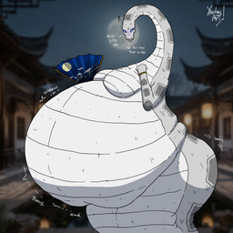 anthro apode belly big_belly blue_eyes breasts female hand_fan huge_belly legless moon overweight rumbling_stomach serpentine solo spots talking_to_viewer text white_arms white_belly white_body white_breasts white_spots yauhasart draconcopode naga reptile scalie snake 1:1 2026 english_text flat_colors hi_res watermark