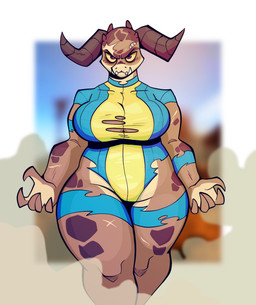 band-aid bandage big_breasts breasts clothed clothing female horn implied_transformation red_eyes sharp_teeth slightly_chubby solo standing teeth thick_thighs torn_clothing yellow_sclera noogatdelight_(artist) fallout microsoft deathclaw scalie 2022 digital_media_(artwork) hi_res portrait three-quarter_portrait