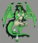 anthro bandage black_hair breasts clothing female flower green_body green_eyes green_skin grey_background hair long_hair membrane_(anatomy) membranous_wings non-mammal_breasts petals plant simple_background smile solo tail wings ookami-kun mythology dragon mythological_creature mythological_scalie scalie 2013 hi_res