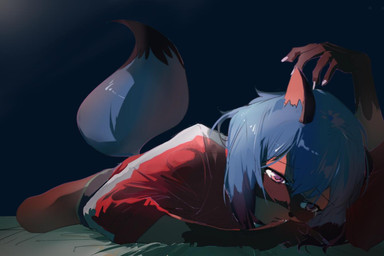 anthro black_body black_fur black_hair blue_body blue_fur blue_hair brown_body brown_fur clothed clothing female fluffy fluffy_tail fur hair half-closed_eyes jacket lying multicolored_body multicolored_fur multicolored_hair narrowed_eyes pink_eyes solo tail topwear miol_(user_ynra3743) brand_new_animal studio_trigger michiru_kagemori canid canine mammal raccoon_dog tanuki 2020
