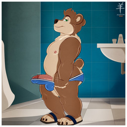 4_toes anthro balls_outline barefoot bathroom big_butt blue_clothing blue_underwear border bulge butt cheek_tuft claws clothed clothing detailed_bulge erection facial_tuft feet flip_flops footwear foreskin genital_outline genitals glans humanoid_genitalia humanoid_penis male neck_tuft nipples penis retracted_foreskin sandals shoes sink slightly_chubby smile solo text toes topless topless_anthro topless_male tuft underwear urinal white_border year young young_anthro young_male aaron_(artist) jason_(aaron) bear brown_bear mammal ursine 1:1 2022 artist_name hi_res watermark