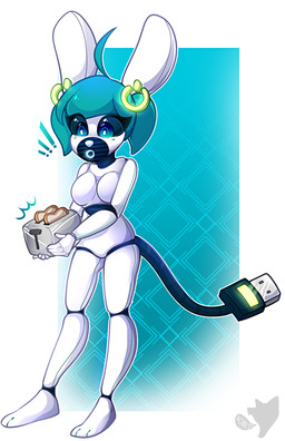 anthro appliance bread breasts ear_piercing exclamation_point featureless_breasts female food kitchen_appliance machine piercing solo toast toaster honesty_(artist) lagomorph leporid mammal rabbit robot
