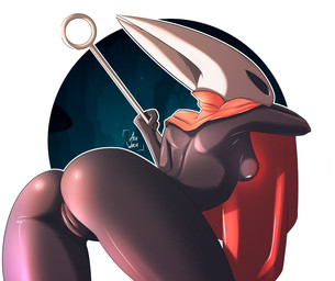 2_horns anthro arched_back black_body breasts butt cloak clothing female genitals holding_object holding_weapon horn nipples presenting presenting_hindquarters presenting_vulva small_breasts solo vulva weapon acuwacu hollow_knight_(franchise) team_cherry hornet_(hollow_knight) arthropod insect absurd_res digital_media_(artwork) hi_res