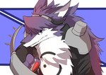 anthro armor claws colored_nails eyewear fluffy_chest fur goggles hair long_hair male nails purple_body purple_fur solo zunaha bandai_namco digimon appmon_(species) canid canine canis digimon_(species) mammal shutmon wolf hi_res