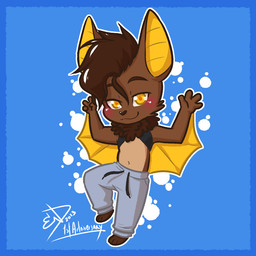 4_fingers anthro arms_bent black_clothing black_crop_top black_shirt black_topwear blue_background blue_border blush blush_lines border bottomwear brown_body brown_eyebrows brown_fur brown_hair brown_nose chibi clothing crop_top eyebrows fingers front_view fur gradient_fur grey_bottomwear grey_clothing grey_pants grey_sweatpants hair looking_at_viewer male midriff navel neck_tuft pants shirt simple_background smile smirk solo spread_arms sweatpants tan_body tan_fur topwear tuft wings yellow_body yellow_eyes yellow_inner_ear yellow_wings endcoon veri_tikkari_(stamperpandragon) bat leaf-nosed_bat mammal microbat vampire_bat yangochiropteran 1:1