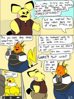 :3 anthro backpack big_butt black_ear_tips black_hair black_markings black_sclera black_tail blue_bottomwear blue_clothing blue_pants bottomwear brown_bottomwear brown_clothing brown_ear_tips brown_markings brown_pants butt cellphone censored_text clothing collared_shirt crouching dialogue dipstick_ears dipstick_tail duo ear_markings electronics fangs grey_clothing grey_shirt grey_topwear hair hallway looking_at_viewer male markings multicolored_ears orange_body page_number pants pattern_clothing pattern_shirt pattern_topwear phone phone_screen pink_cheeks polo_shirt profanity racial_slur red_cheeks school shirt simple_background smartphone smug speech_bubble striped_clothing striped_shirt striped_topwear stripes tail tail_markings teeth text thick_thighs topwear twerking white_eyes white_sleeves wide_hips window yellow_body yellow_cheeks yellow_ears yellow_tail yellow_tail_tip chonkymouse nintendo pokemon pace_(blastoiseanimator) pedro_(blastoiseanimator) riley_(blastoiseanimator) generation_1_pokemon generation_2_pokemon pichu pikachu pokemon_(species) raichu 2024 3:4 colored comic digital_media_(artwork) english_description english_text flat_colors hi_res