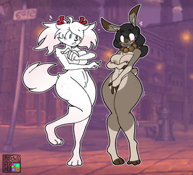 anthro blair_(thunderpuppy) blush breasts covering covering_breasts covering_crotch covering_self duo embarrassed facial_markings female head_markings hiding_breasts jewelry markings necklace necklace_only nipples nude public public_nudity wide_hips hambor12 spade_(hambor12) canid canine canis domestic_dog lagomorph leporid mammal rabbit hi_res