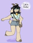 anthro bell black_hair bottomwear clothing crop_top fur hair hooves horizontal_pupils horn pupils satchel shirt shorts solo tan_body tan_fur teal_eyes topwear fawnpawss sarai_(fawnpawss) sarai_(puppkittyfan1) bovid caprine mammal hi_res