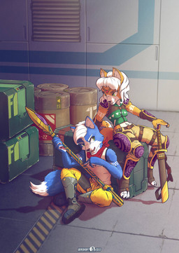 5_fingers accessory anthro barrel boots clothing crate duo female fingers footwear fur hair hangar inspection male melee_weapon scarf shirt shoes sitting staff striped_body striped_fur stripes sword teeth topwear weapon white_hair gerovort nintendo star_fox fan_character marcus_mccloud canid canine fox mammal 2022 absurd_res digital_media_(artwork) hi_res brother_(lore) brother_and_sister_(lore) sibling_(lore) sister_(lore)