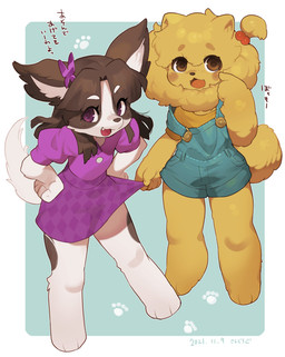 anthro black_hair blonde_hair blue_background border bottomwear brown_eyes butterfly_hair_accessory checkered checkered_bottomwear checkered_clothing checkered_skirt clothed clothing clothing_pull dress duo eyelashes female footprint freckled_face freckles hair hair_bobbles hands_on_hips hands_on_own_hips kemono off_shoulder overalls pattern_bottomwear pattern_clothing pattern_skirt pawprint purple_clothing purple_dress purple_eyes rosy_cheeks shirt simple_background skirt topwear white_border yellow_clothing yellow_shirt yellow_topwear young young_anthro young_female sanjiro kemo-chan_(kaeritai07) canid canine canis chihuahua domestic_dog mammal pomeranian spitz toy_dog 2021 dated hi_res