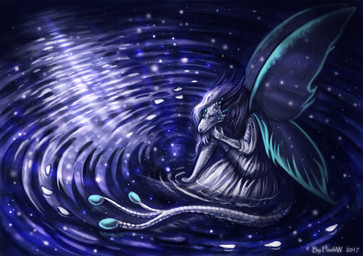 4_fingers 5_fingers abstract_art ambiguous_gender anthro biped butt clothed clothing detailed_background digitigrade dress eyes_closed feet female fingers hair hindpaw horn humanoid_hands insect_wings lepidopteran_wings long_hair partially_submerged paws reflection scales shadow side_view sitting sky smile snout solo star starry_sky tail water white_body white_hair white_scales wings flashw mythology dragon mythological_creature mythological_scalie scalie 2017 character_request detailed digital_media_(artwork) full-length_portrait portrait