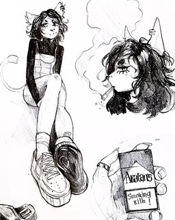 anthro cigarette clothed clothing ear_piercing ear_ring eyelashes female footwear holding_object mouth_closed narrowed_eyes piercing ring_piercing shoes side_view simple_background sitting smoke smoking solo topwear unsigned akatan_art felid mammal monochrome sketch_page traditional_media_(artwork)
